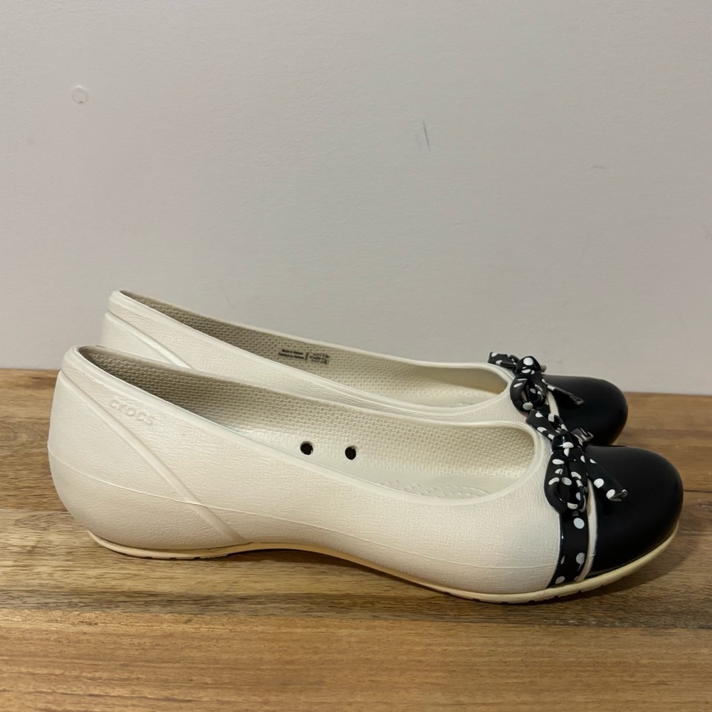 CROCS White and Black Ballet Flats with Polka Dot Bow
